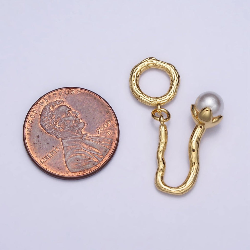 16K Gold plated Pearl Flower Wood-Textured Branch Open Round Charm | AC1057 - DLUXCA