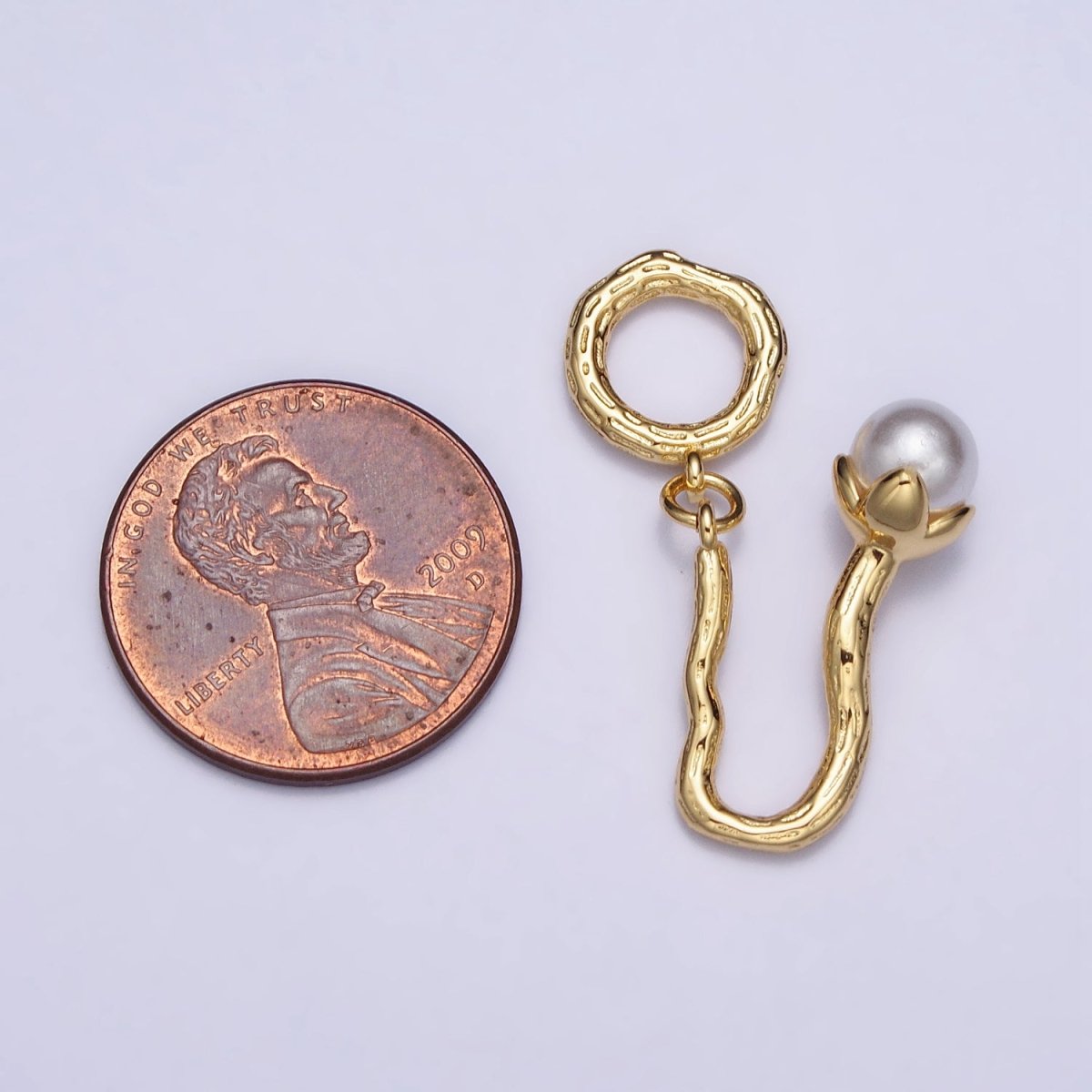 16K Gold plated Pearl Flower Wood-Textured Branch Open Round Charm | AC1057 - DLUXCA