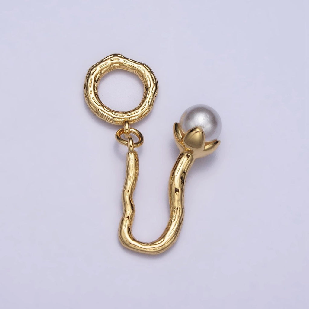 16K Gold plated Pearl Flower Wood-Textured Branch Open Round Charm | AC1057 - DLUXCA
