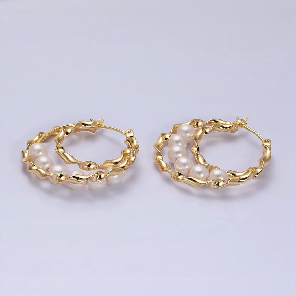 16K Gold plated Pearl Lined Triple Twisted Bar Latch Earrings | AD947 - DLUXCA