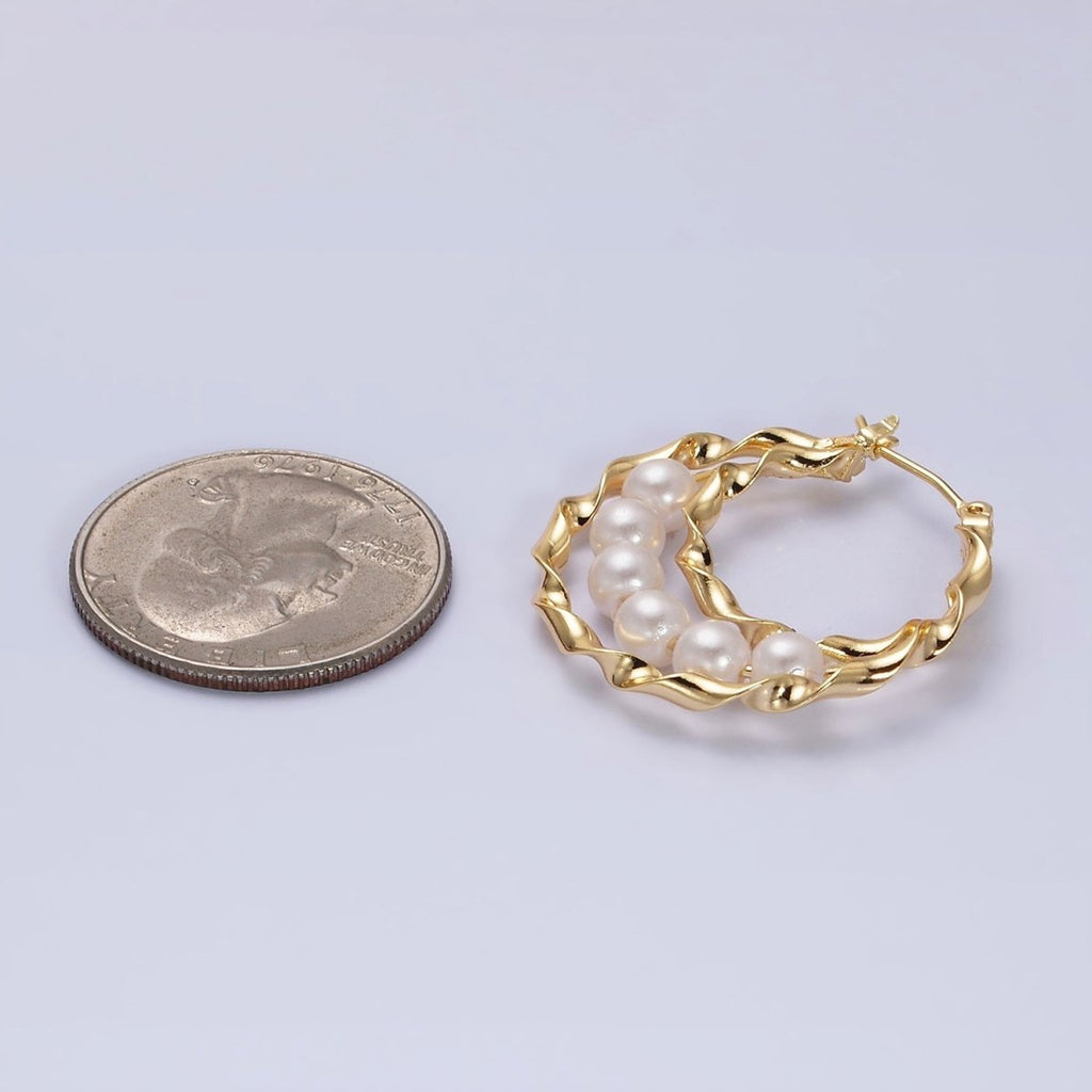 16K Gold plated Pearl Lined Triple Twisted Bar Latch Earrings | AD947 - DLUXCA