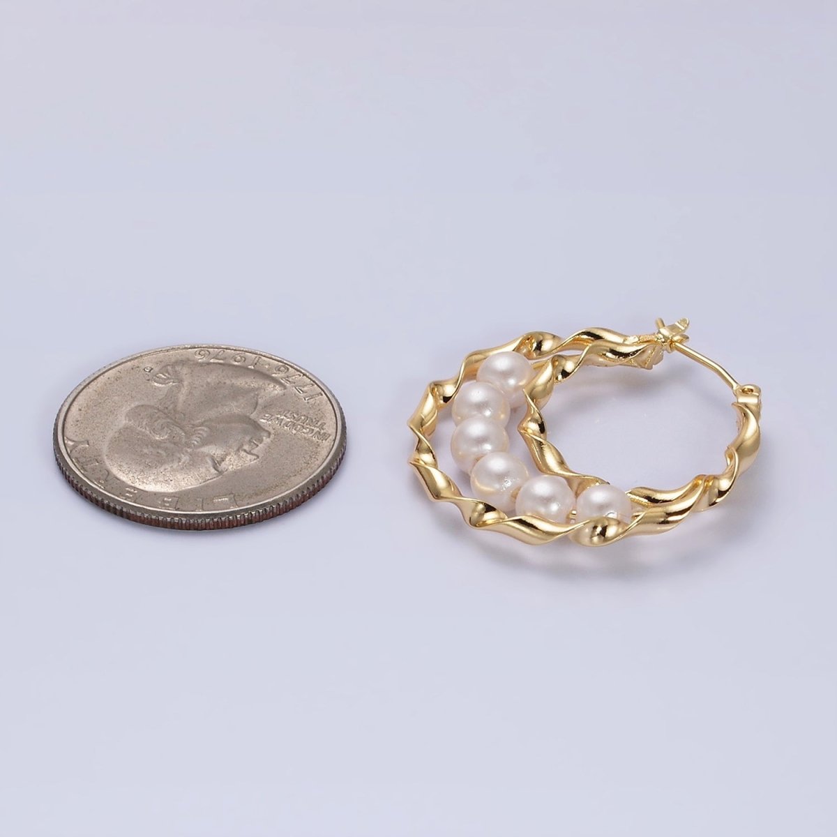 16K Gold plated Pearl Lined Triple Twisted Bar Latch Earrings | AD947 - DLUXCA