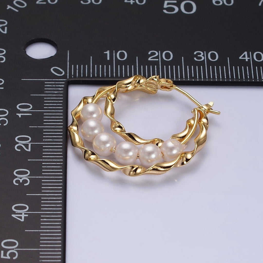 16K Gold plated Pearl Lined Triple Twisted Bar Latch Earrings | AD947 - DLUXCA