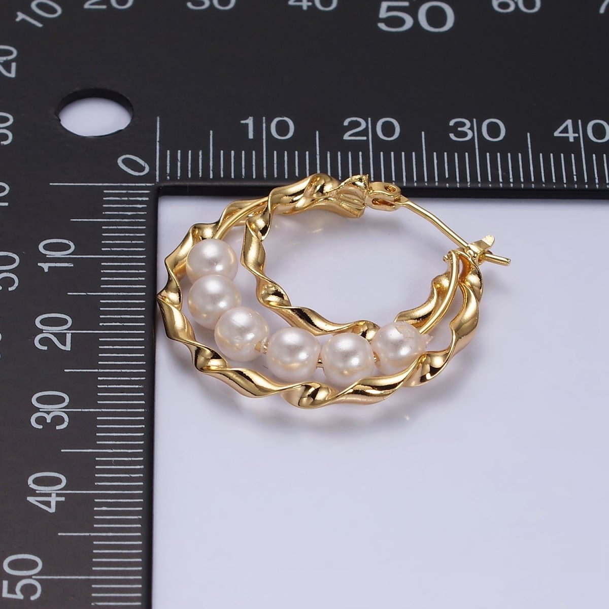 16K Gold plated Pearl Lined Triple Twisted Bar Latch Earrings | AD947 - DLUXCA