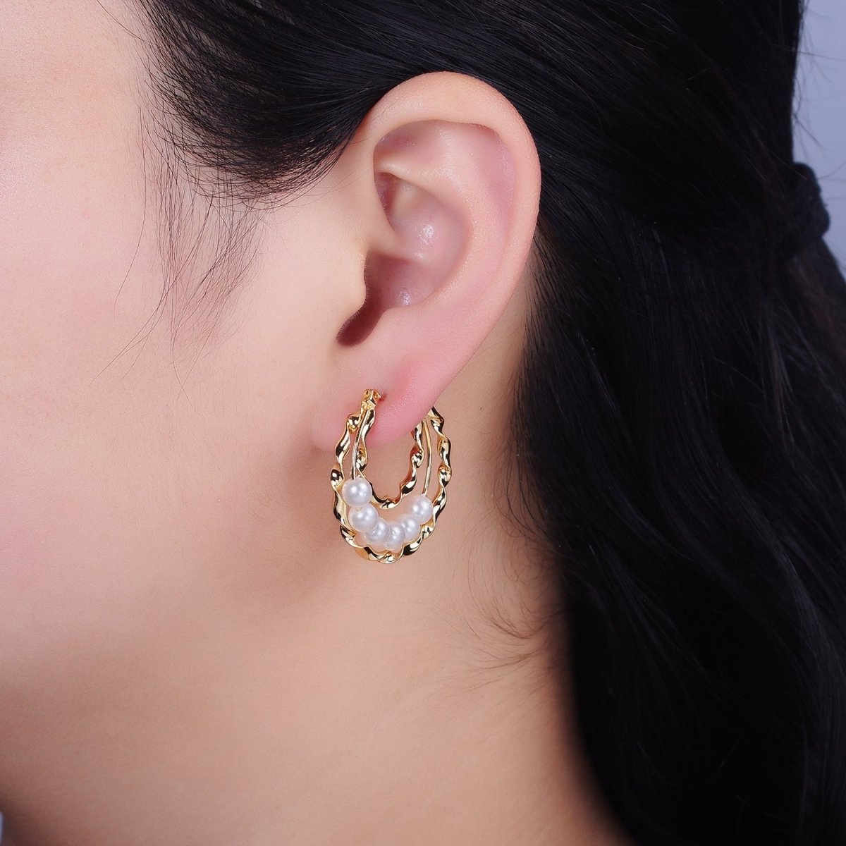 16K Gold plated Pearl Lined Triple Twisted Bar Latch Earrings | AD947 - DLUXCA