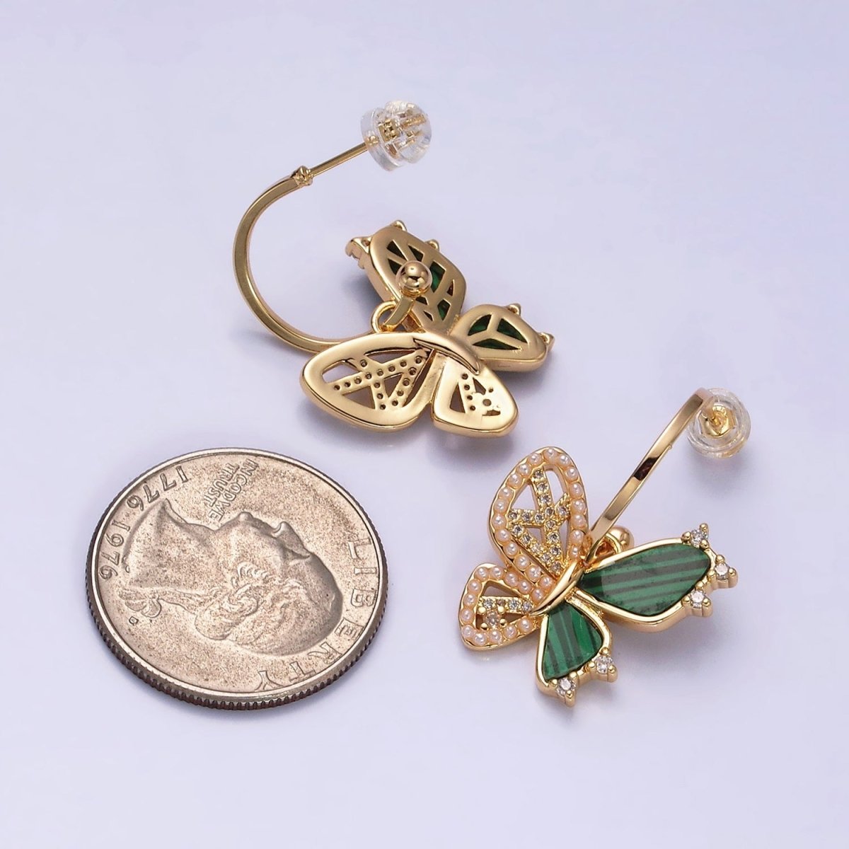 16K Gold plated Pearl Malachite Butterfly Wings Drop C-Shaped Hoop Earrings in Gold & Silver | AD976 AD977