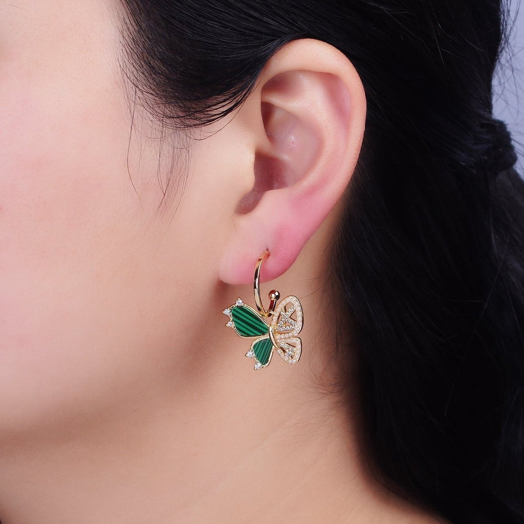 16K Gold plated Pearl Malachite Butterfly Wings Drop C-Shaped Hoop Earrings in Gold & Silver | AD976 AD977