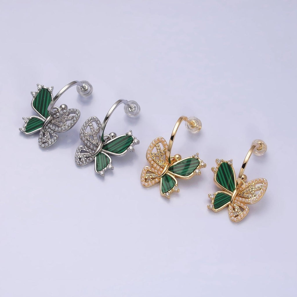16K Gold plated Pearl Malachite Butterfly Wings Drop C-Shaped Hoop Earrings in Gold & Silver | AD976 AD977
