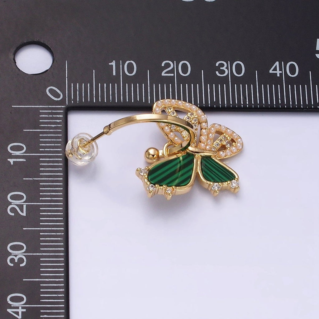 16K Gold plated Pearl Malachite Butterfly Wings Drop C-Shaped Hoop Earrings in Gold & Silver | AD976 AD977