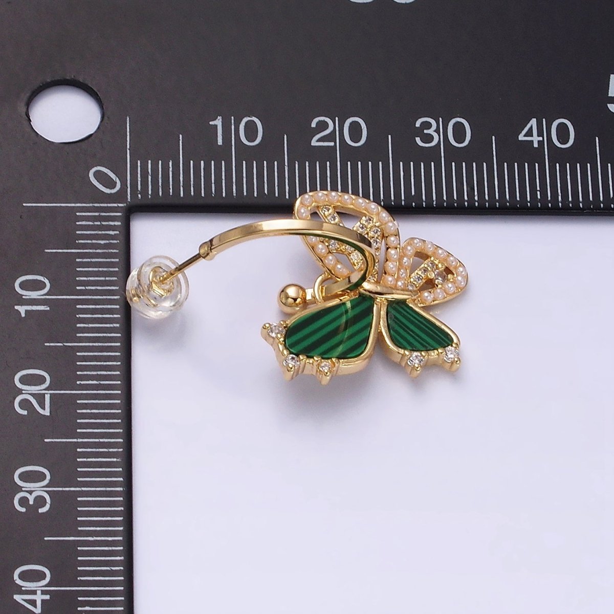 16K Gold plated Pearl Malachite Butterfly Wings Drop C-Shaped Hoop Earrings in Gold & Silver | AD976 AD977