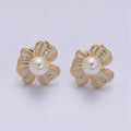 16K Gold plated Pearl Ribbon Flower White Enamel Micro Paved CZ Stud Earrings in Gold & Silver | AE844 AE845