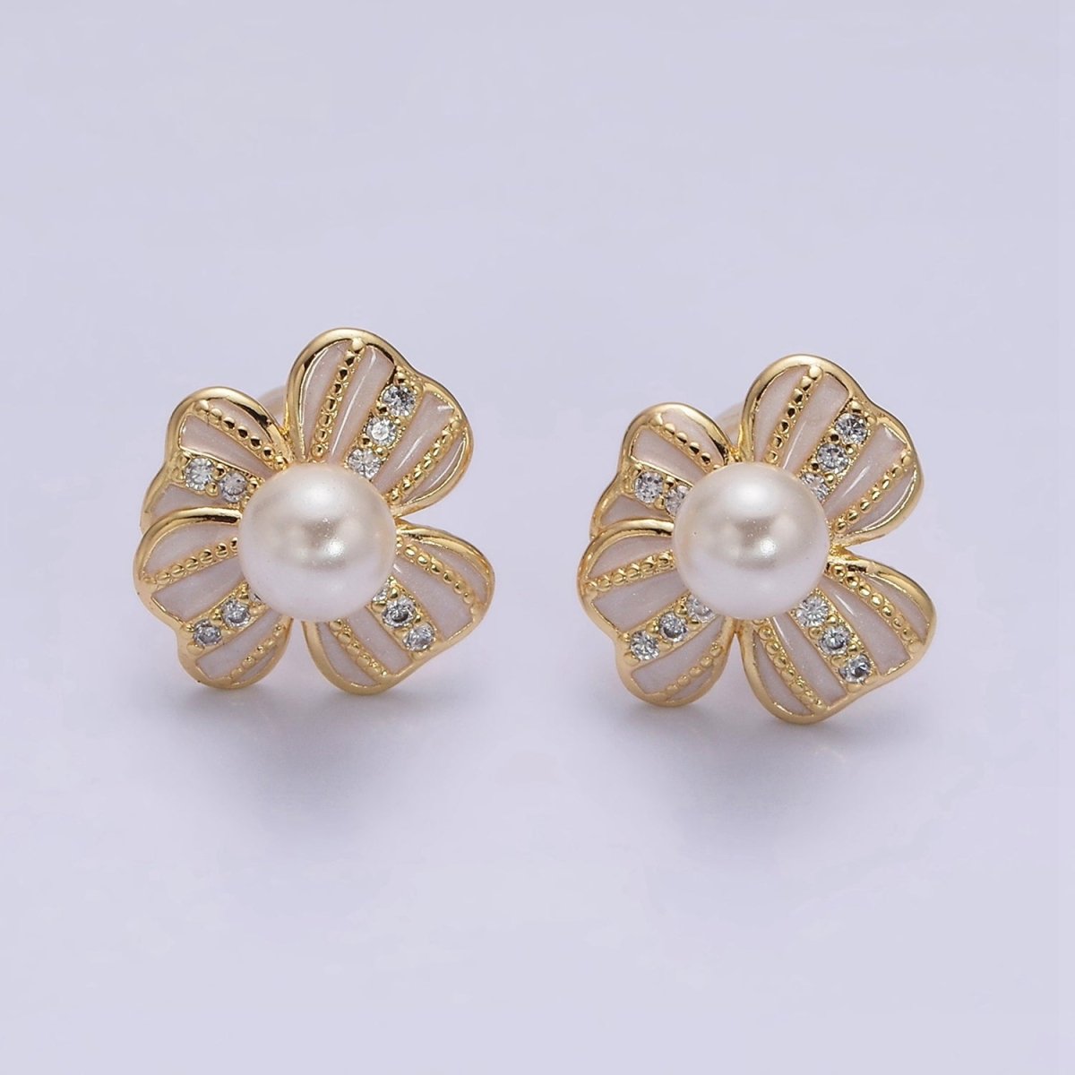 16K Gold plated Pearl Ribbon Flower White Enamel Micro Paved CZ Stud Earrings in Gold & Silver | AE844 AE845