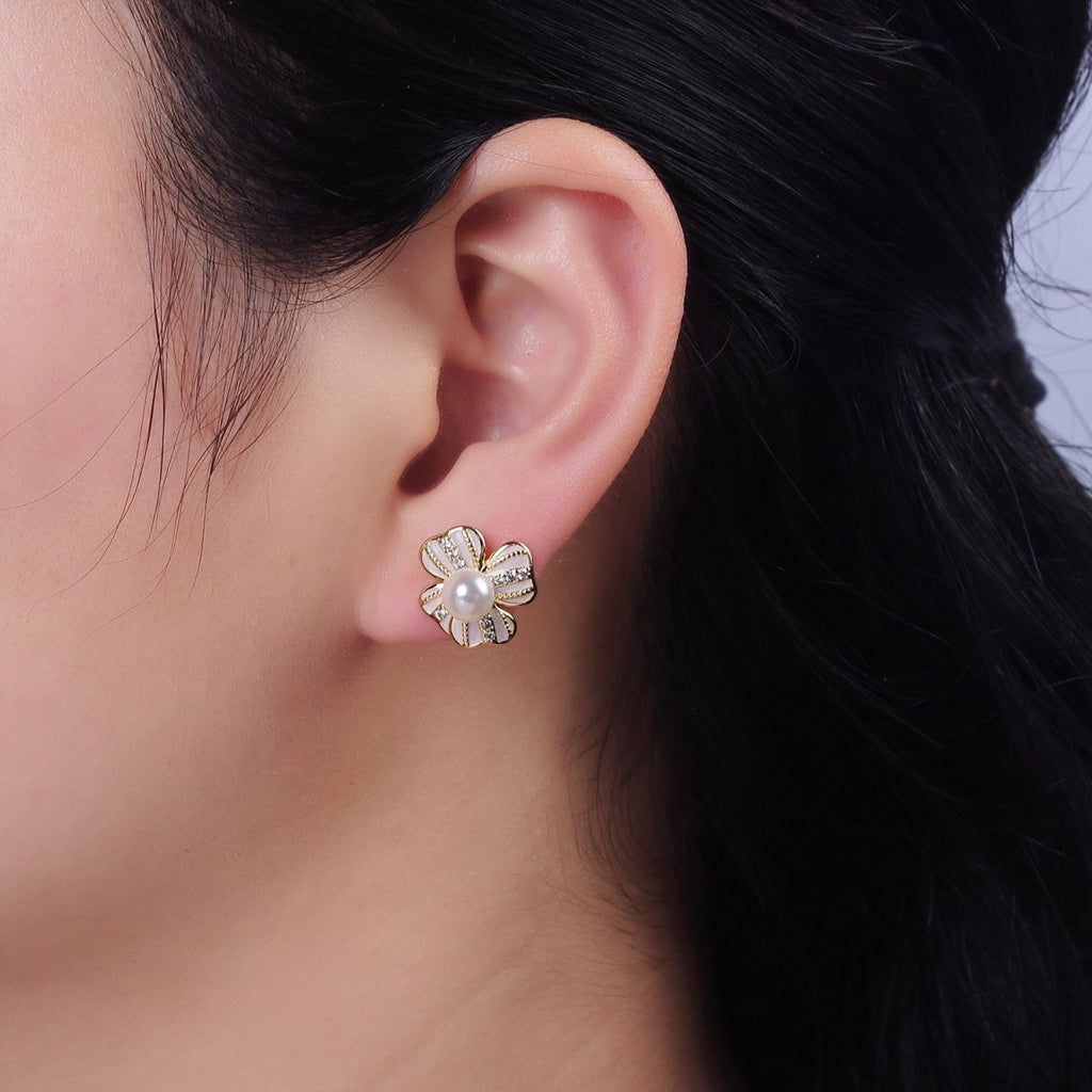 16K Gold plated Pearl Ribbon Flower White Enamel Micro Paved CZ Stud Earrings in Gold & Silver | AE844 AE845