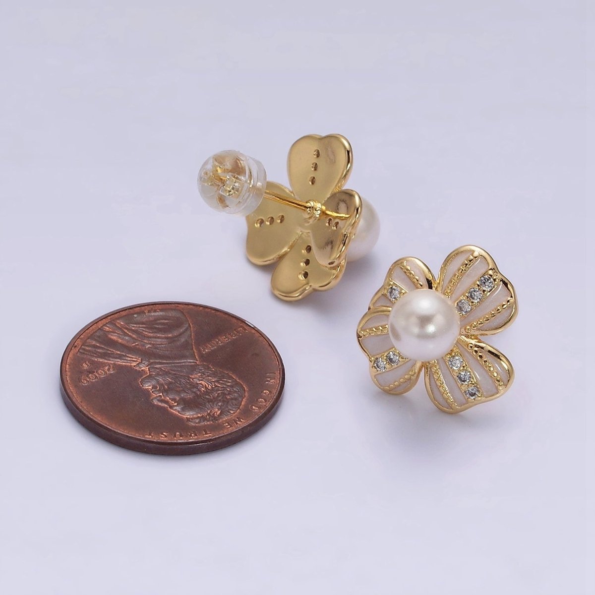 16K Gold plated Pearl Ribbon Flower White Enamel Micro Paved CZ Stud Earrings in Gold & Silver | AE844 AE845