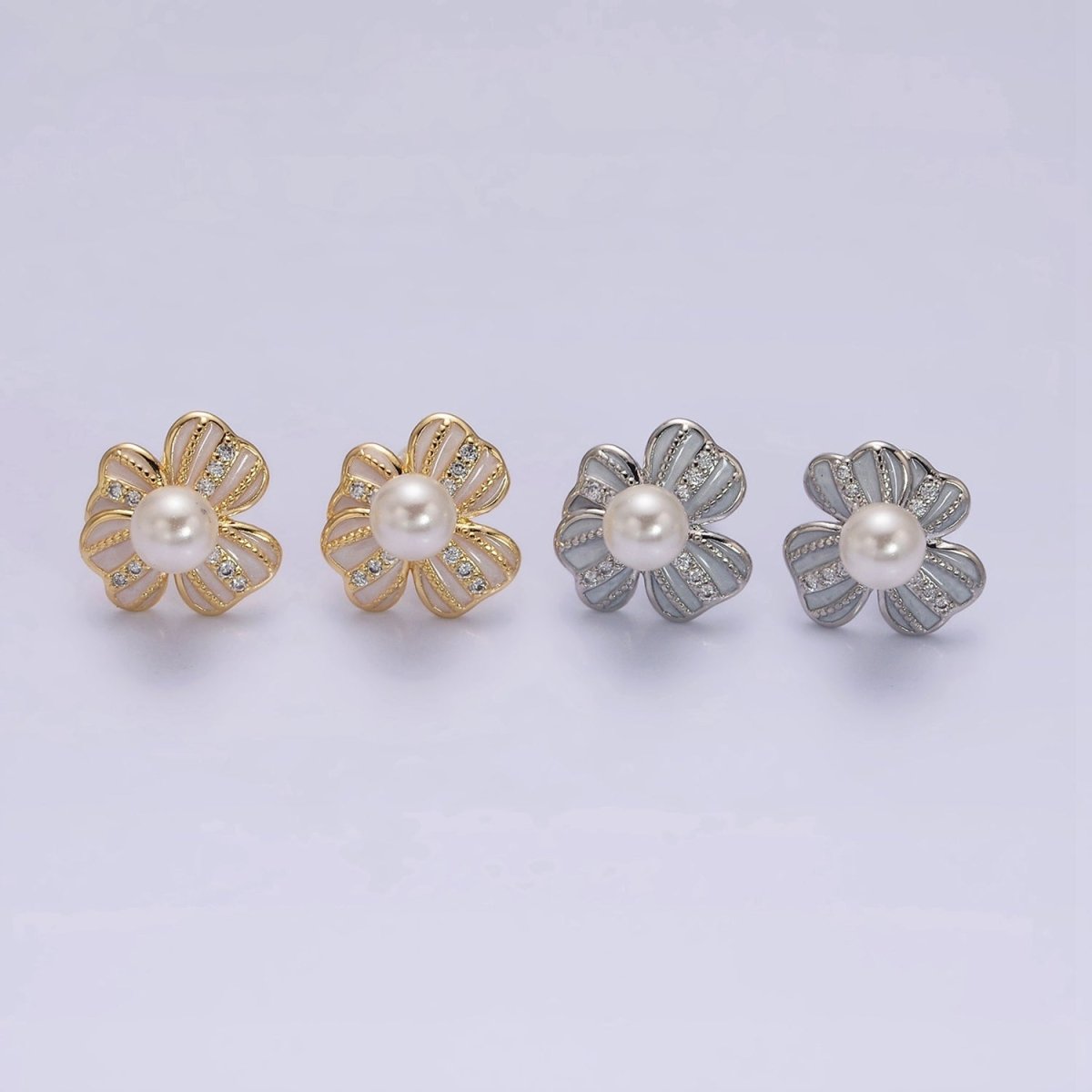16K Gold plated Pearl Ribbon Flower White Enamel Micro Paved CZ Stud Earrings in Gold & Silver | AE844 AE845