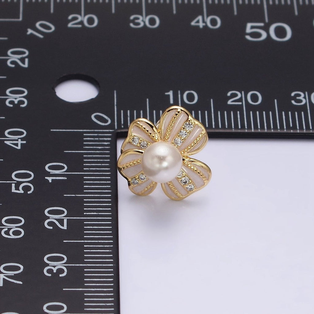 16K Gold plated Pearl Ribbon Flower White Enamel Micro Paved CZ Stud Earrings in Gold & Silver | AE844 AE845