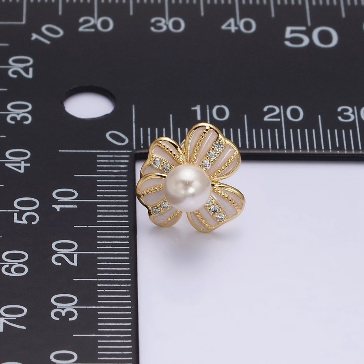 16K Gold plated Pearl Ribbon Flower White Enamel Micro Paved CZ Stud Earrings in Gold & Silver | AE844 AE845