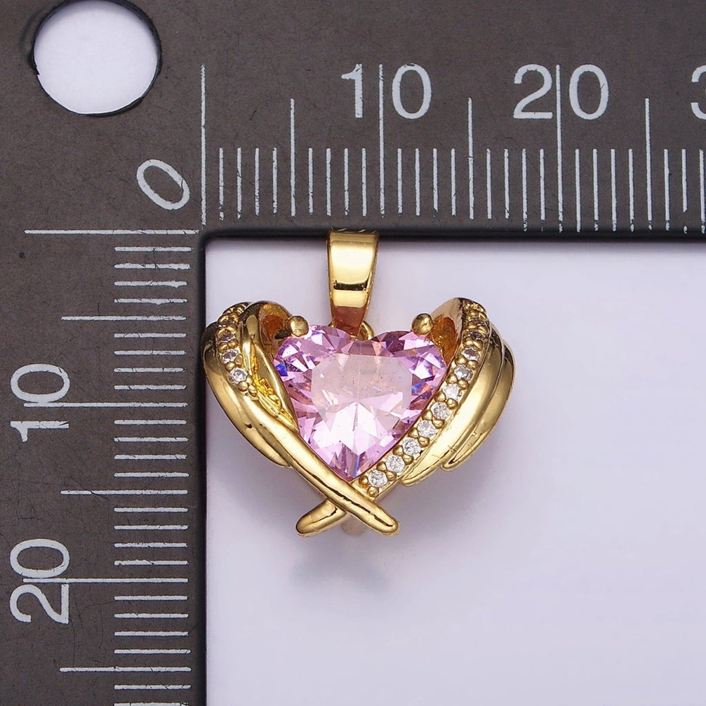 16K Gold plated Pink CZ Heart Micro Paved Wings Pendant | AA485 - DLUXCA