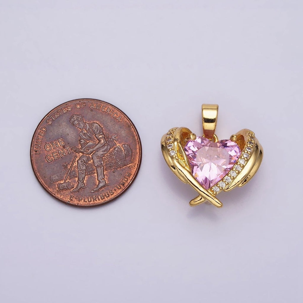 16K Gold plated Pink CZ Heart Micro Paved Wings Pendant | AA485 - DLUXCA