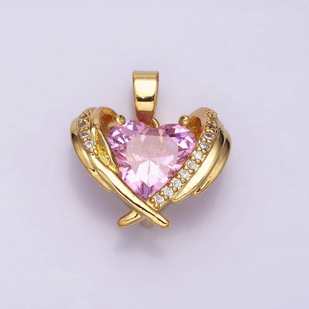 16K Gold plated Pink CZ Heart Micro Paved Wings Pendant | AA485 - DLUXCA