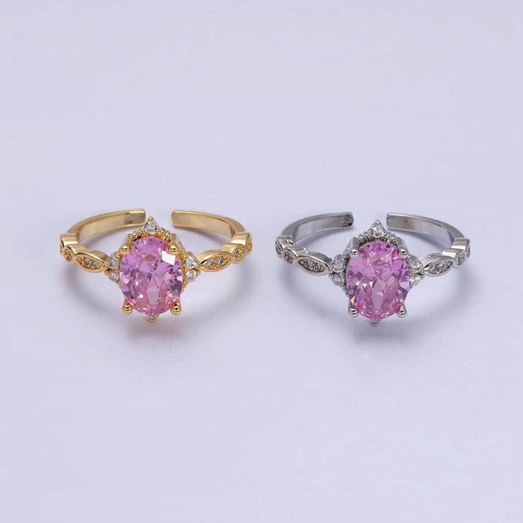 16K Gold plated Pink CZ Oval Micro Paved Adjustable Ring in Gold & Silver | O-1605 O-1606