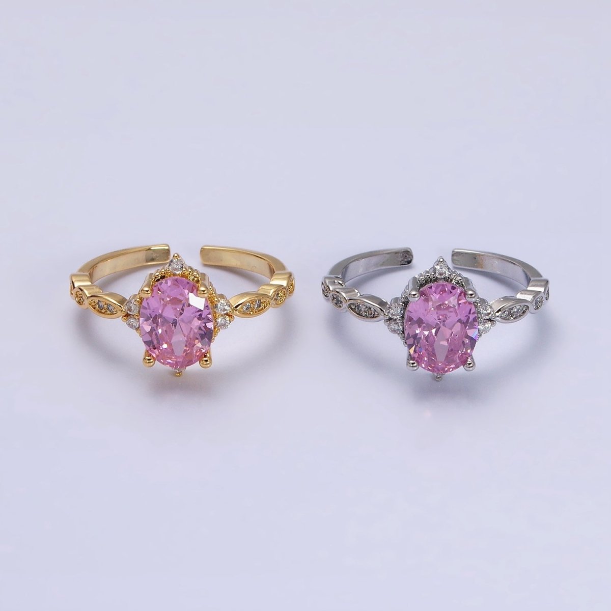 16K Gold plated Pink CZ Oval Micro Paved Adjustable Ring in Gold & Silver | O-1605 O-1606