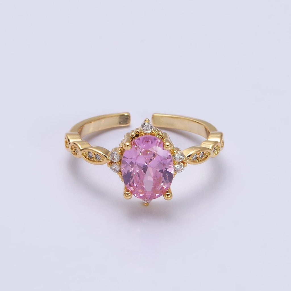 16K Gold plated Pink CZ Oval Micro Paved Adjustable Ring in Gold & Silver | O-1605 O-1606