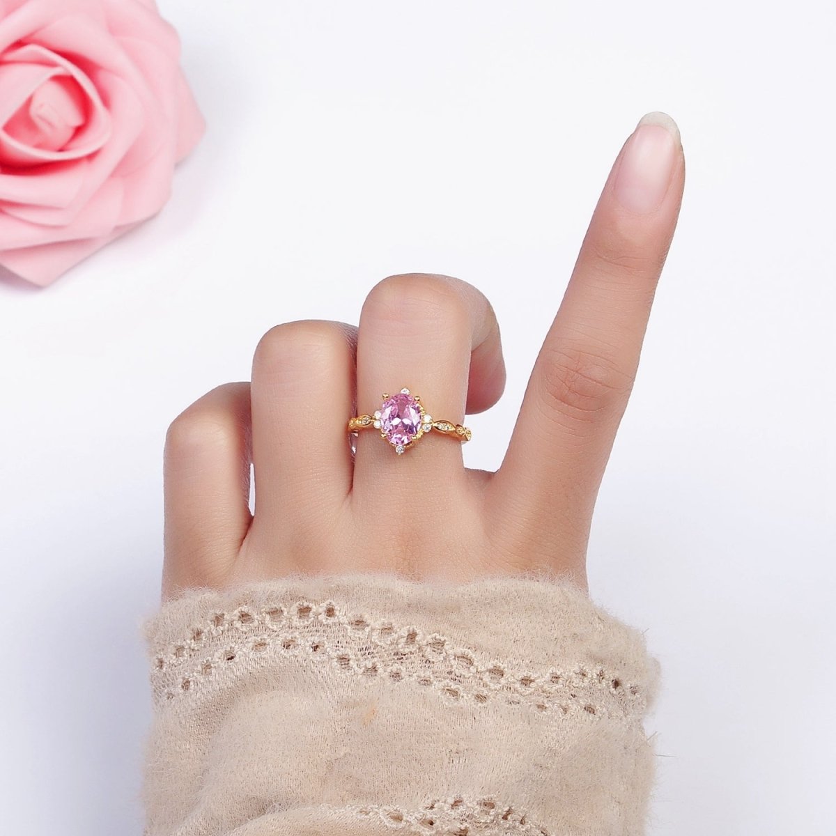 16K Gold plated Pink CZ Oval Micro Paved Adjustable Ring in Gold & Silver | O-1605 O-1606