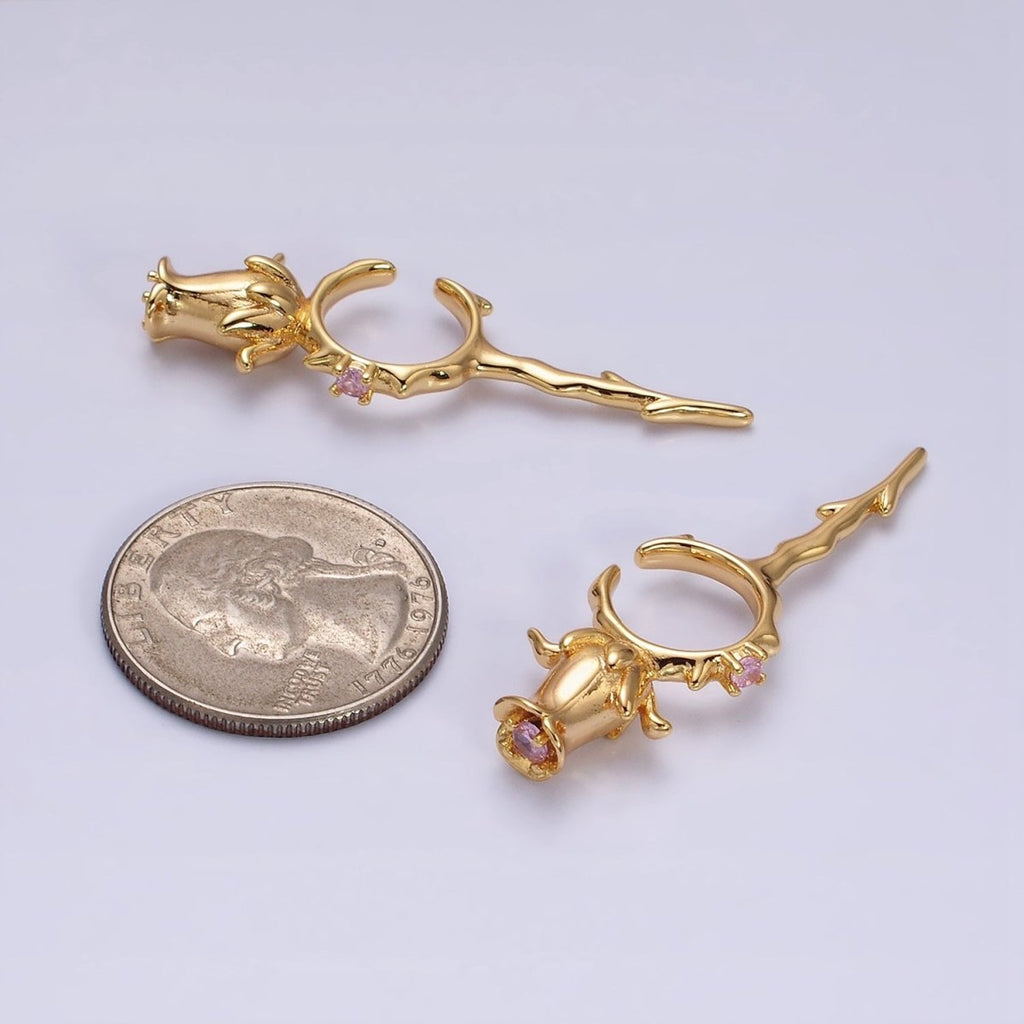 16K Gold plated Pink CZ Rose Flower Molten Drip Linear Ear Cuff Earrings in Gold & Silver | AI015 AI016