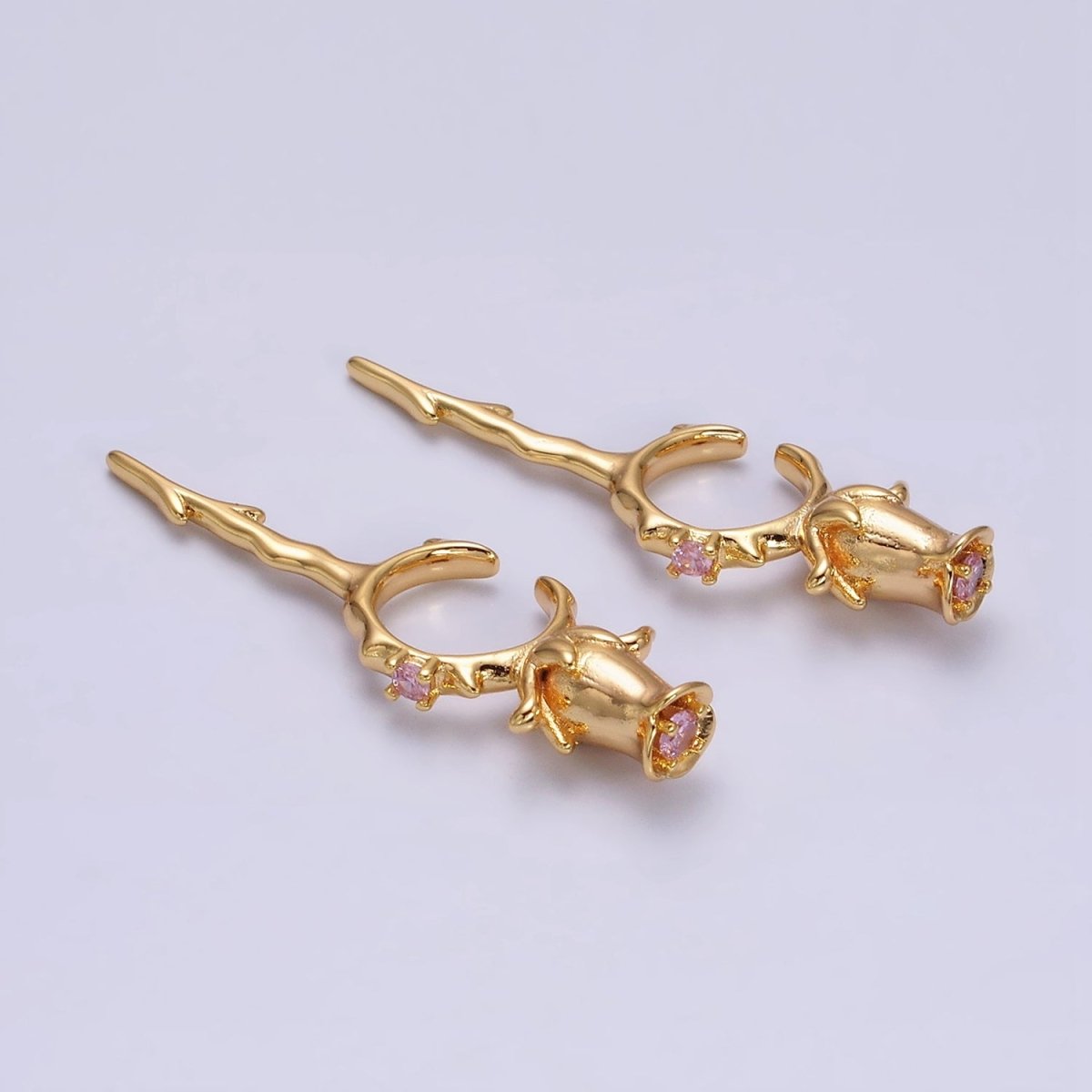 16K Gold plated Pink CZ Rose Flower Molten Drip Linear Ear Cuff Earrings in Gold & Silver | AI015 AI016
