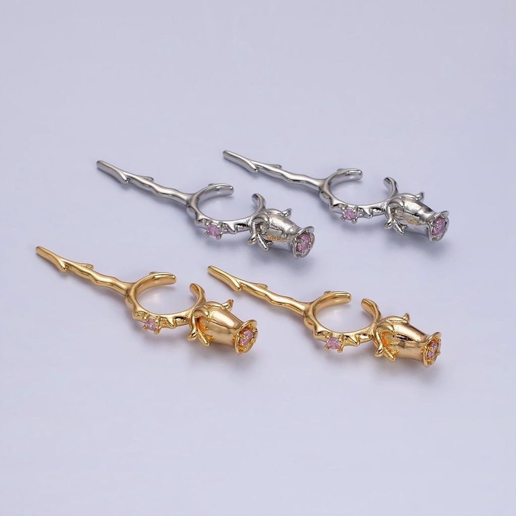 16K Gold plated Pink CZ Rose Flower Molten Drip Linear Ear Cuff Earrings in Gold & Silver | AI015 AI016