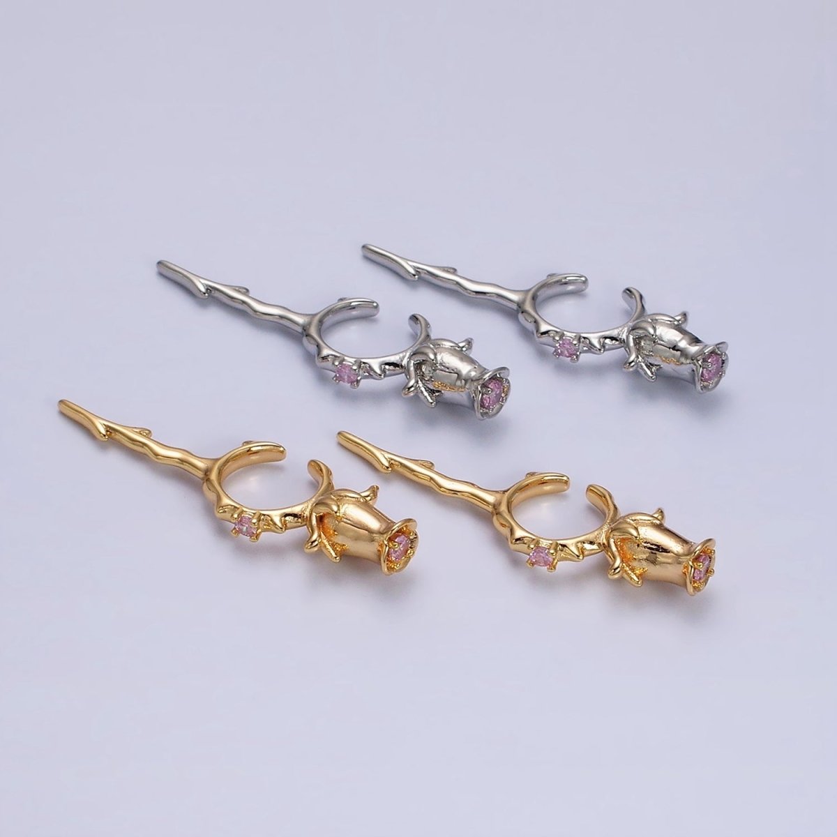 16K Gold plated Pink CZ Rose Flower Molten Drip Linear Ear Cuff Earrings in Gold & Silver | AI015 AI016