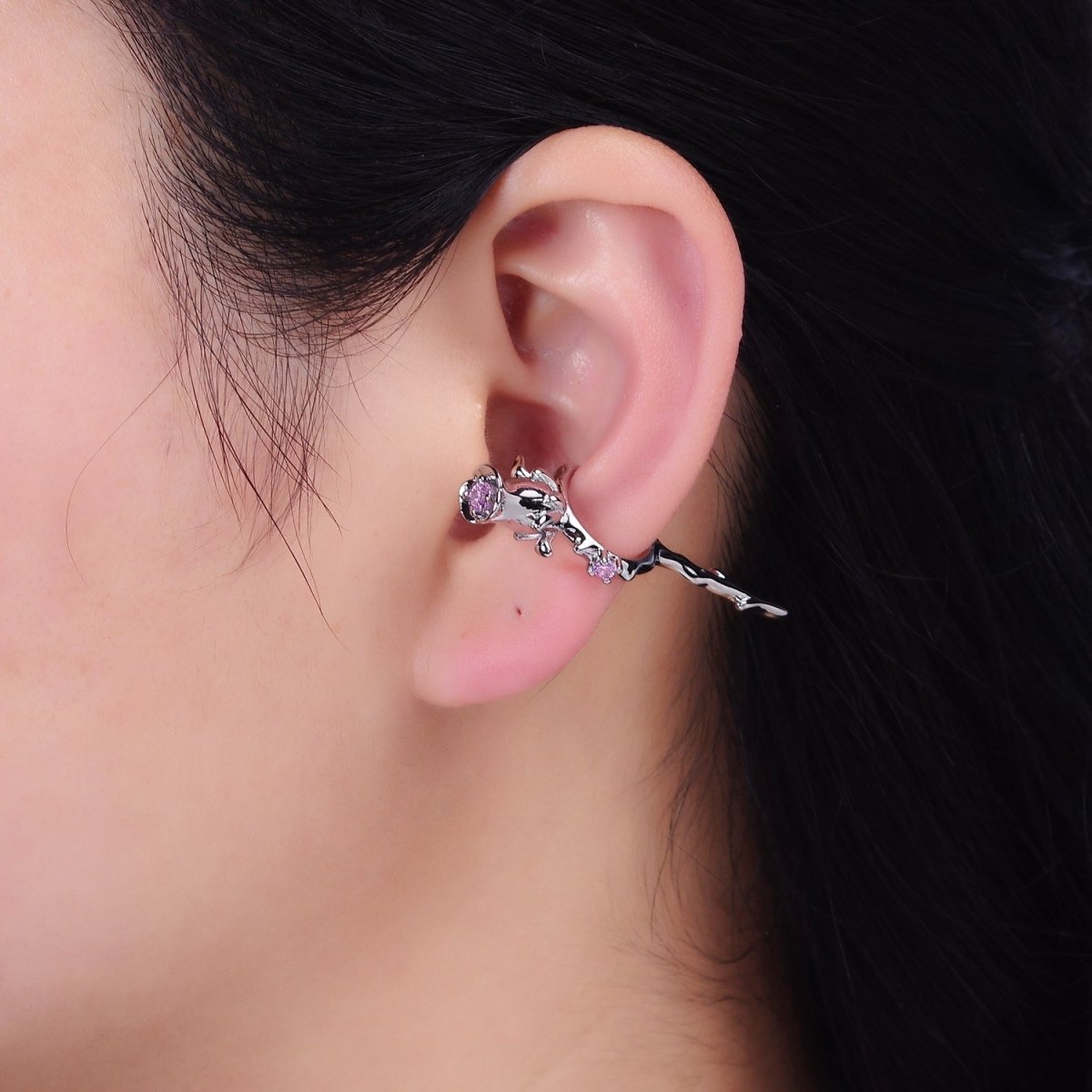16K Gold plated Pink CZ Rose Flower Molten Drip Linear Ear Cuff Earrings in Gold & Silver | AI015 AI016