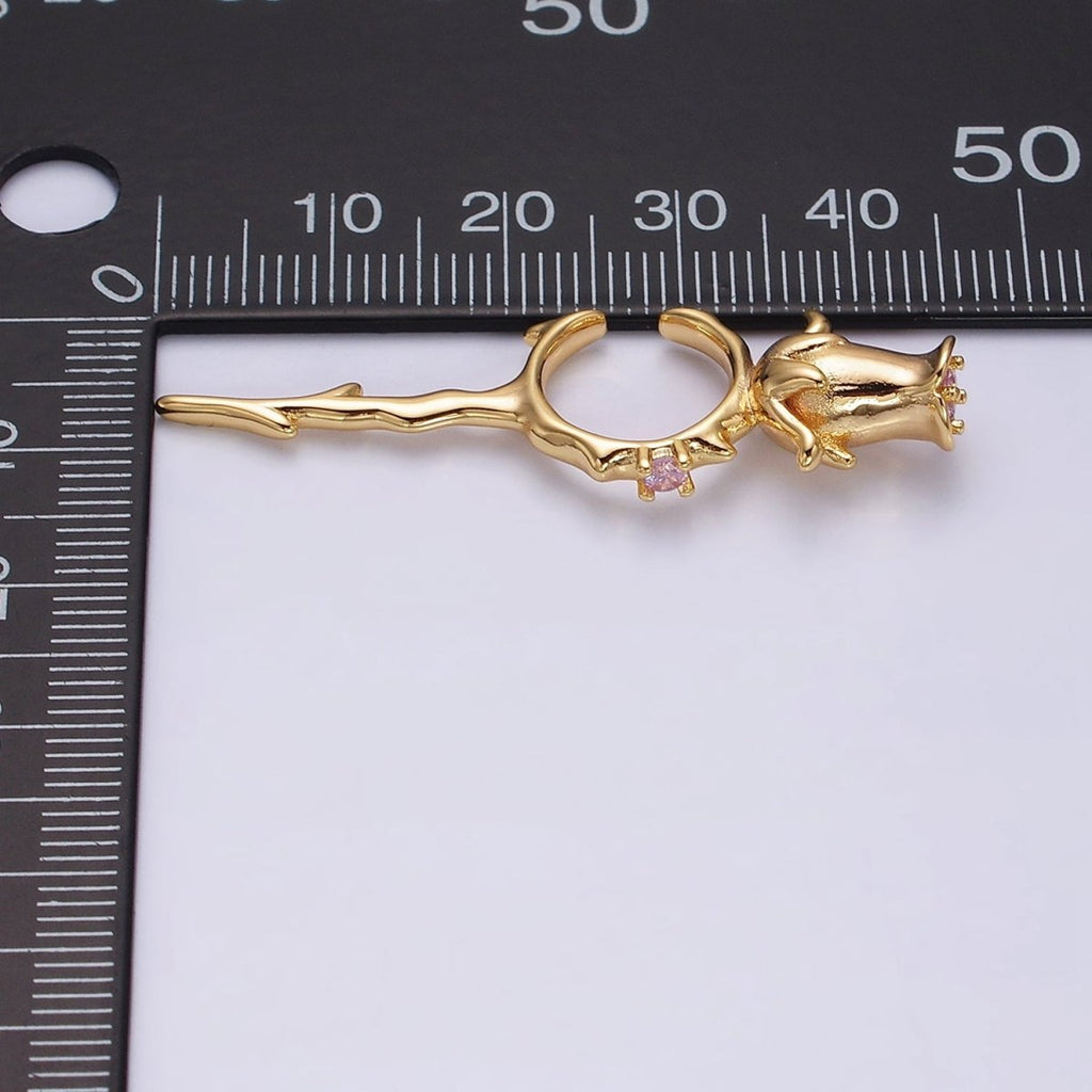 16K Gold plated Pink CZ Rose Flower Molten Drip Linear Ear Cuff Earrings in Gold & Silver | AI015 AI016