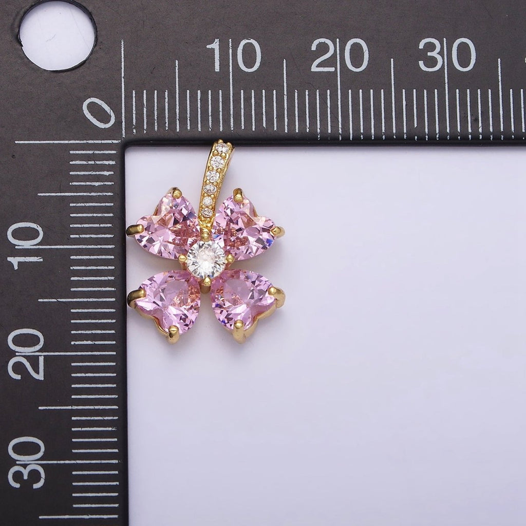 16K Gold plated Pink Flower CZ Heart Petal Micro Paved Bail Pendant | AA539 - DLUXCA