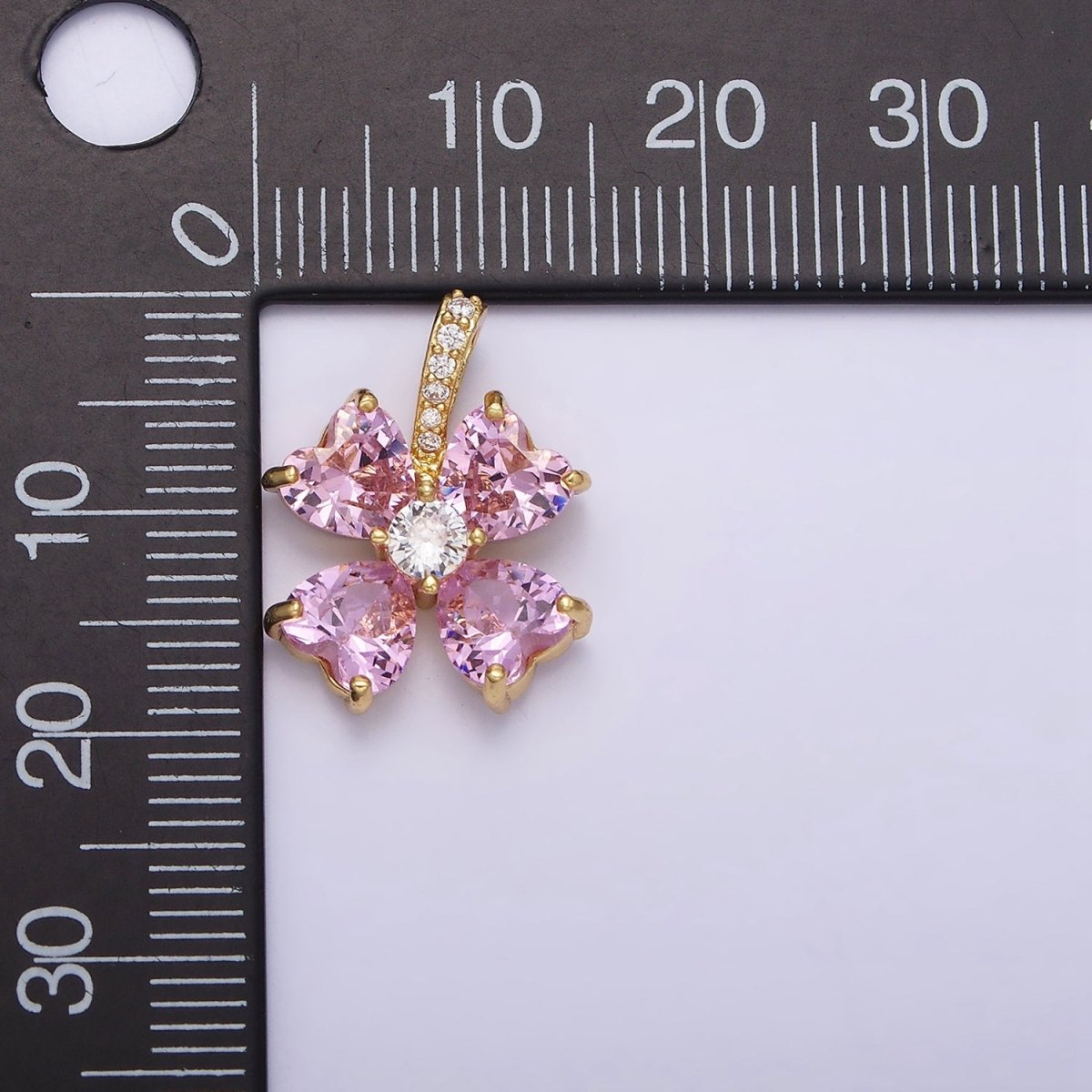 16K Gold plated Pink Flower CZ Heart Petal Micro Paved Bail Pendant | AA539 - DLUXCA