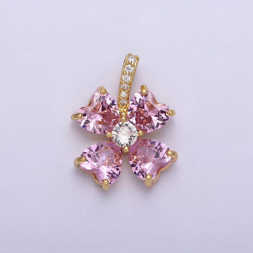 16K Gold plated Pink Flower CZ Heart Petal Micro Paved Bail Pendant | AA539 - DLUXCA