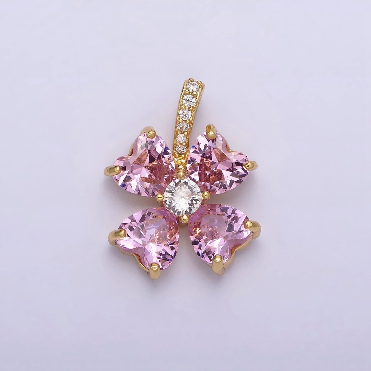 16K Gold plated Pink Flower CZ Heart Petal Micro Paved Bail Pendant | AA539 - DLUXCA