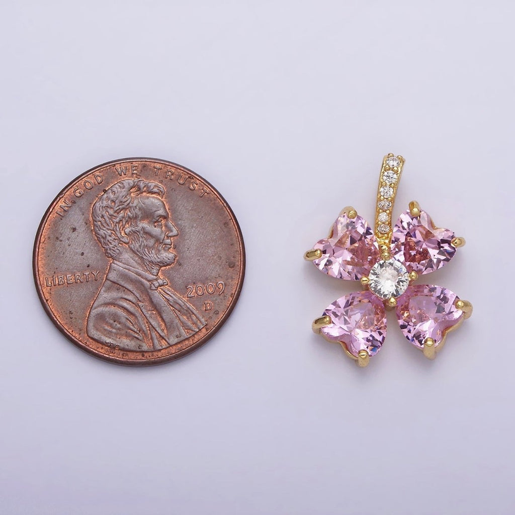 16K Gold plated Pink Flower CZ Heart Petal Micro Paved Bail Pendant | AA539 - DLUXCA