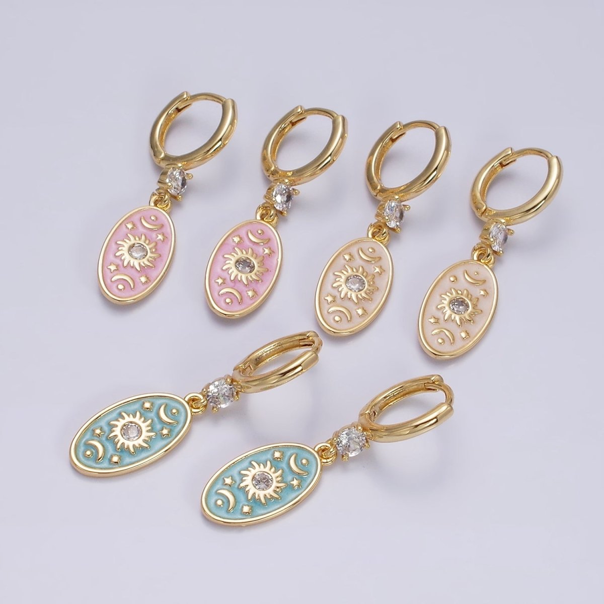 16K Gold plated Pink, White, Blue Sparkly Enamel Celestial Sun Star Crescent Moon Oval CZ Drop Huggie Earrings | AD-399 AD-400 AD-401