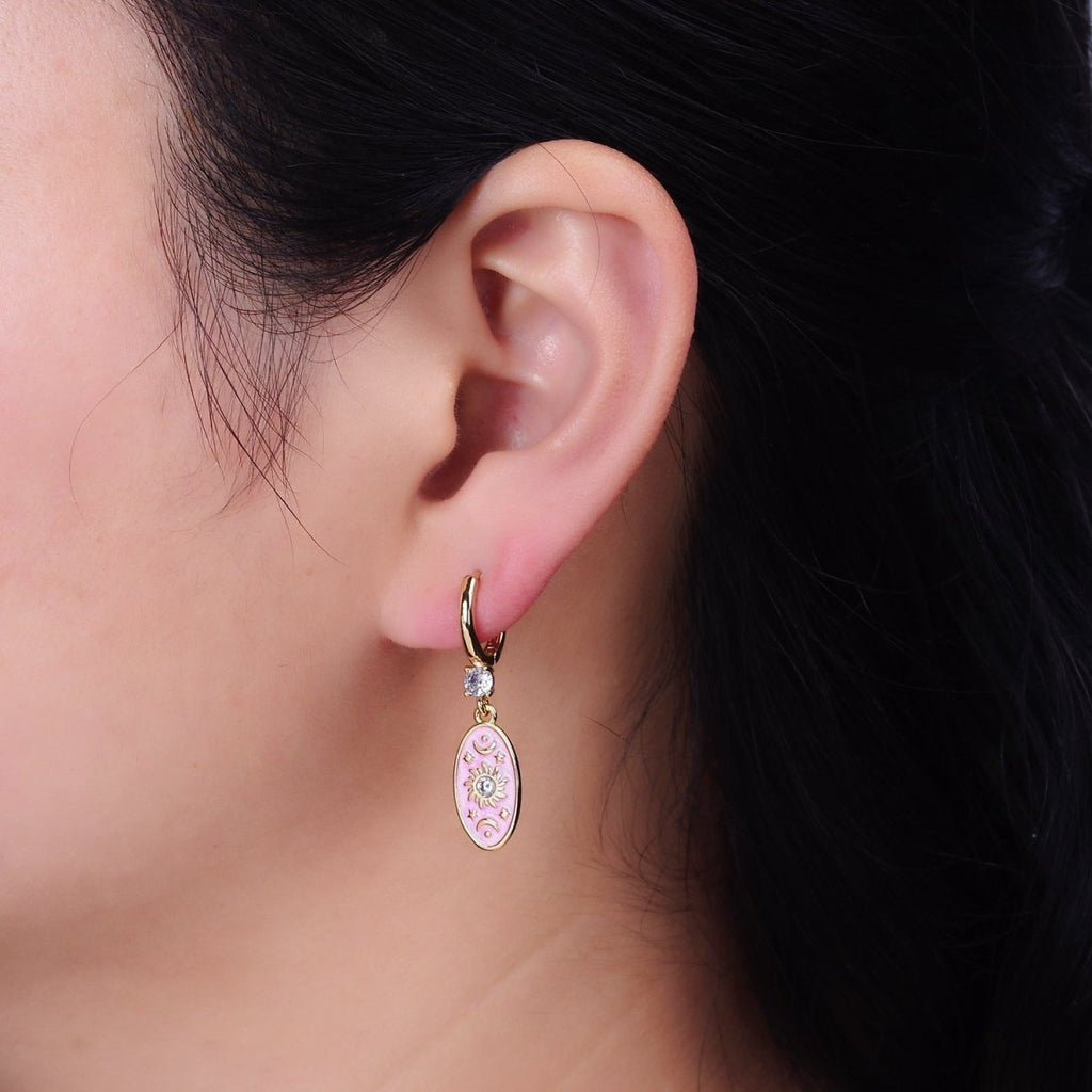 16K Gold plated Pink, White, Blue Sparkly Enamel Celestial Sun Star Crescent Moon Oval CZ Drop Huggie Earrings | AD-399 AD-400 AD-401