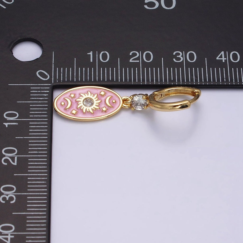 16K Gold plated Pink, White, Blue Sparkly Enamel Celestial Sun Star Crescent Moon Oval CZ Drop Huggie Earrings | AD-399 AD-400 AD-401