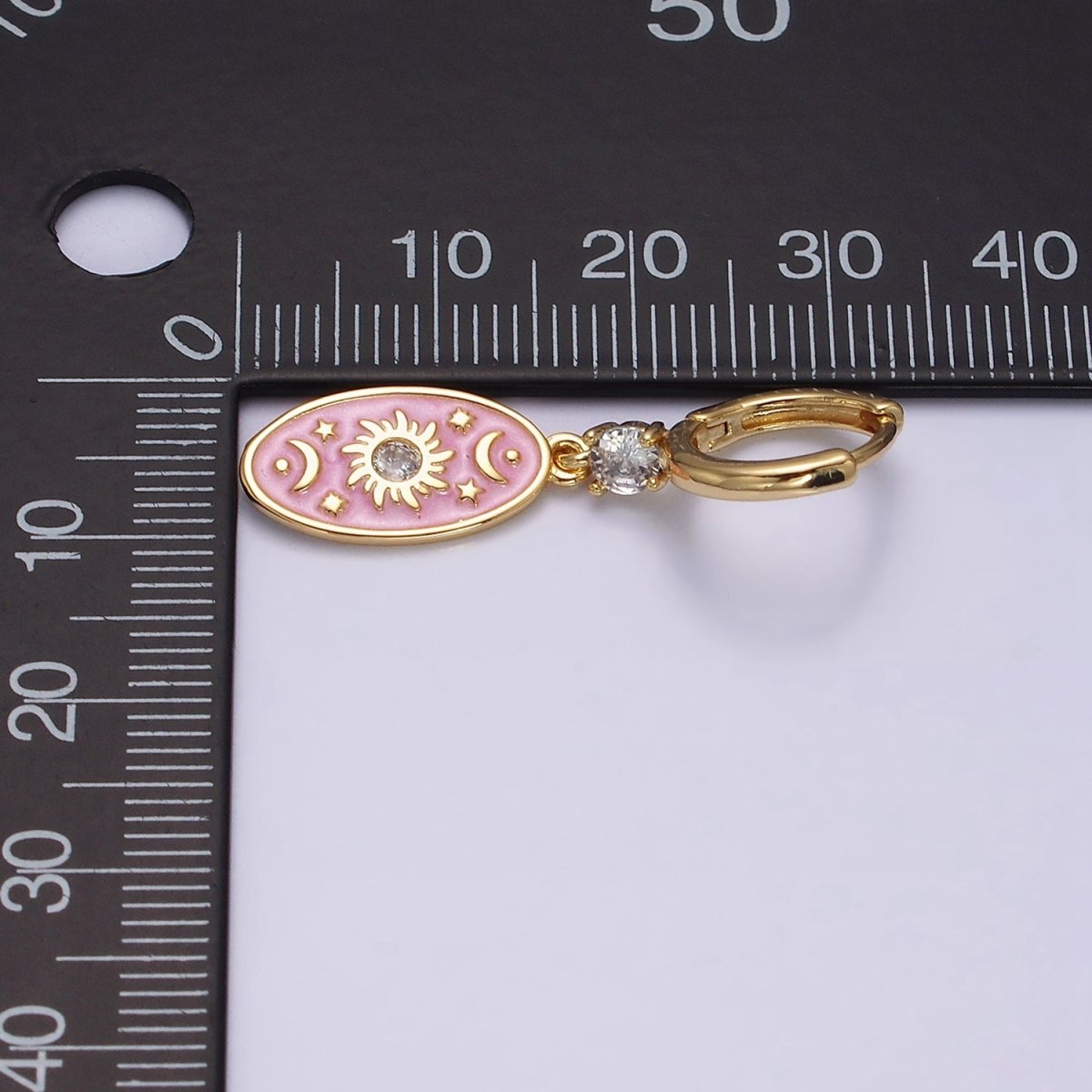 16K Gold plated Pink, White, Blue Sparkly Enamel Celestial Sun Star Crescent Moon Oval CZ Drop Huggie Earrings | AD-399 AD-400 AD-401
