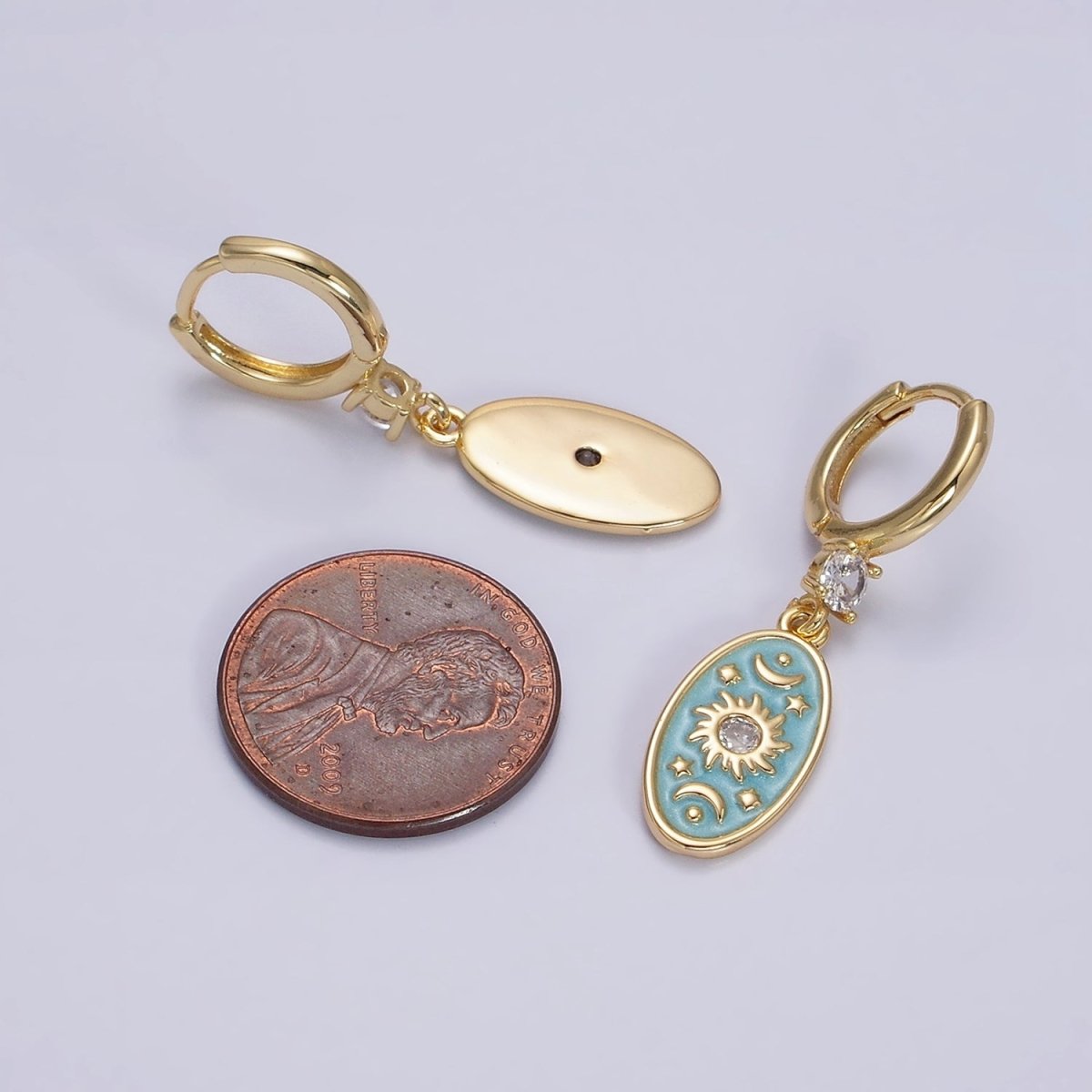 16K Gold plated Pink, White, Blue Sparkly Enamel Celestial Sun Star Crescent Moon Oval CZ Drop Huggie Earrings | AD-399 AD-400 AD-401