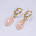 16K Gold plated Pink, White, Blue Sparkly Enamel Celestial Sun Star Crescent Moon Oval CZ Drop Huggie Earrings | AD-399 AD-400 AD-401