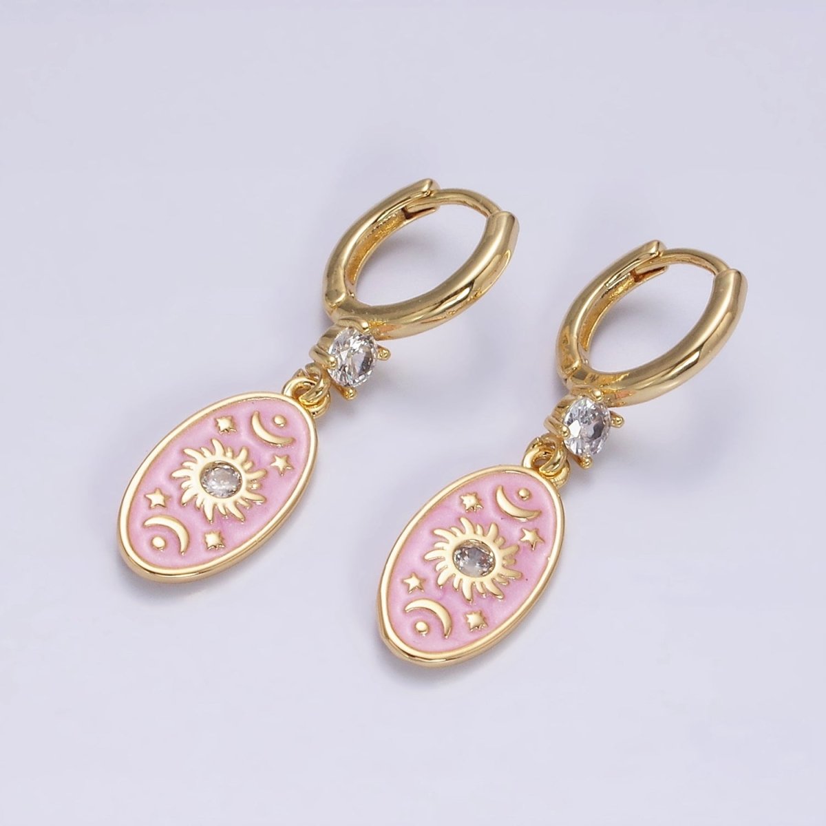 16K Gold plated Pink, White, Blue Sparkly Enamel Celestial Sun Star Crescent Moon Oval CZ Drop Huggie Earrings | AD-399 AD-400 AD-401