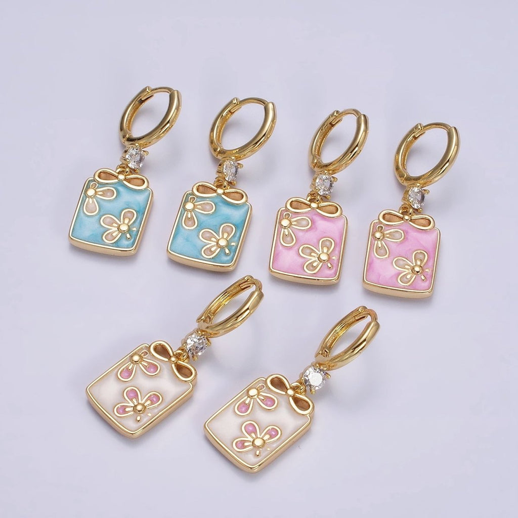 16K Gold plated Pink, White, Blue Sparkly Enamel Ribbon Bow Rectangular CZ Drop Huggie Earrings | AD-387 AD-388 AD-389