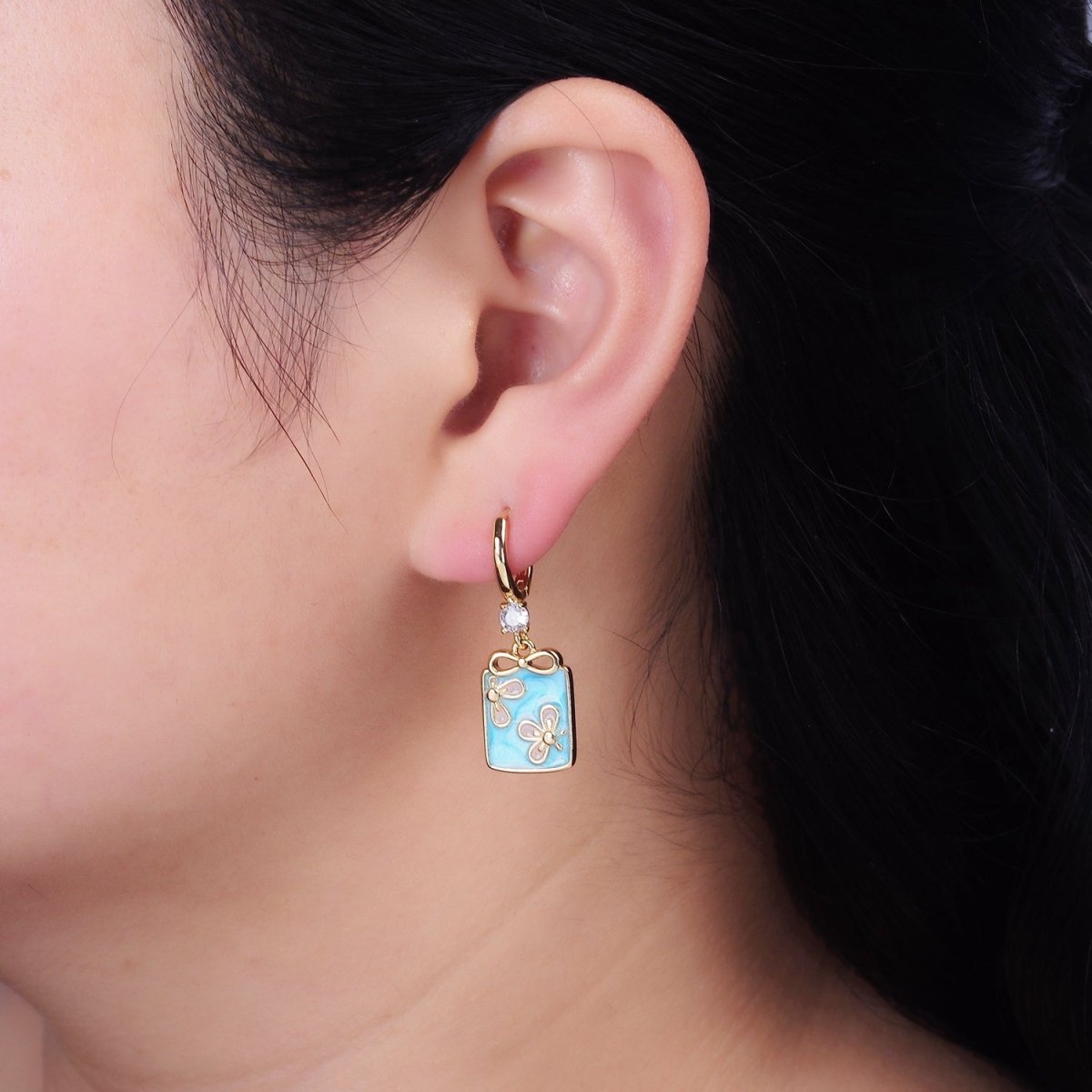 16K Gold plated Pink, White, Blue Sparkly Enamel Ribbon Bow Rectangular CZ Drop Huggie Earrings | AD-387 AD-388 AD-389