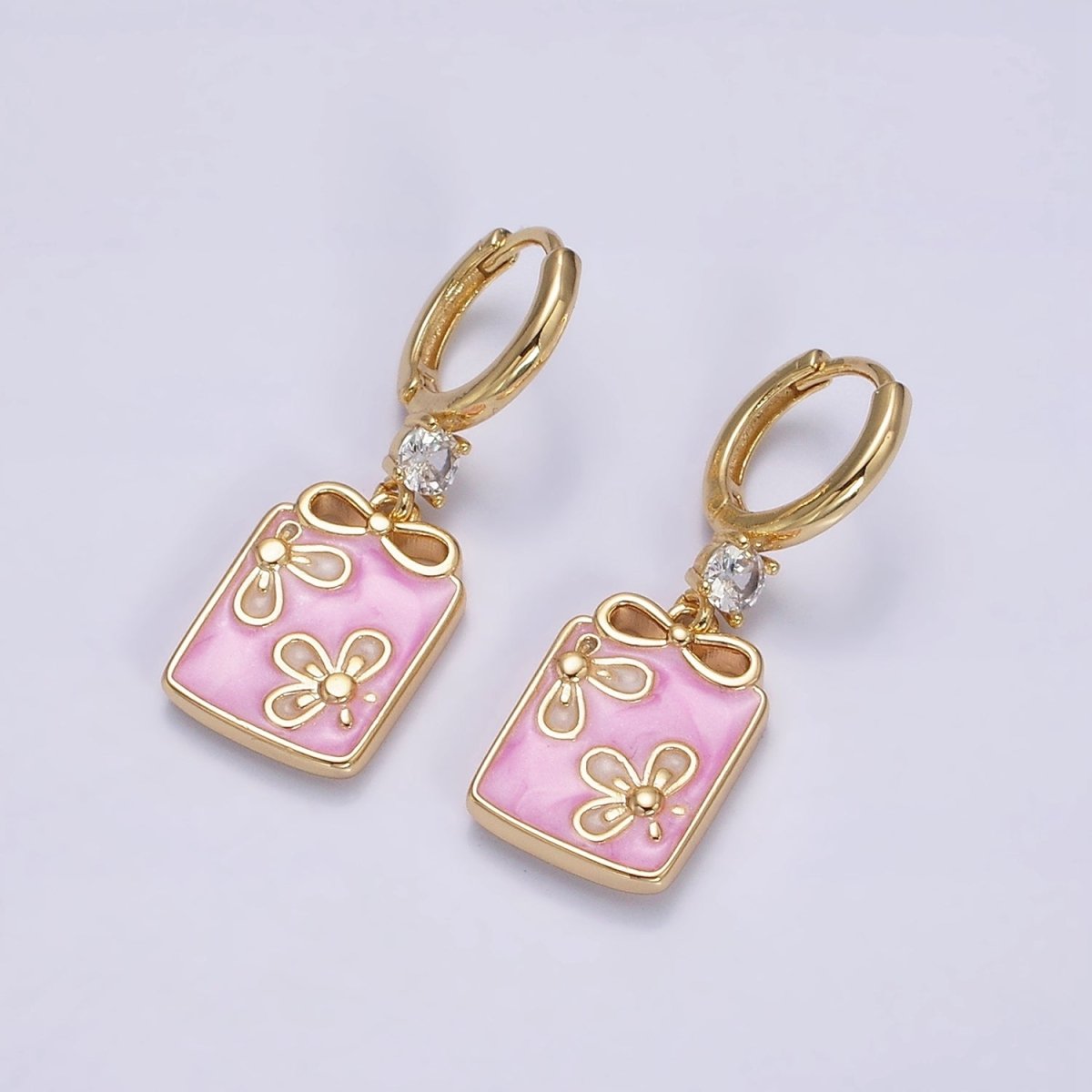 16K Gold plated Pink, White, Blue Sparkly Enamel Ribbon Bow Rectangular CZ Drop Huggie Earrings | AD-387 AD-388 AD-389