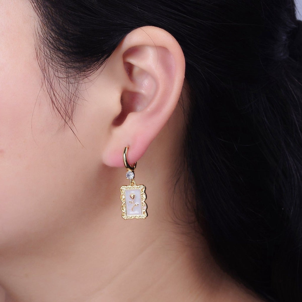 16K Gold plated Pink, White, Blue Sparkly Enamel Rose Flower Rectangular CZ Drop Huggie Earrings | Y-861 ~ Y-863 - DLUXCA